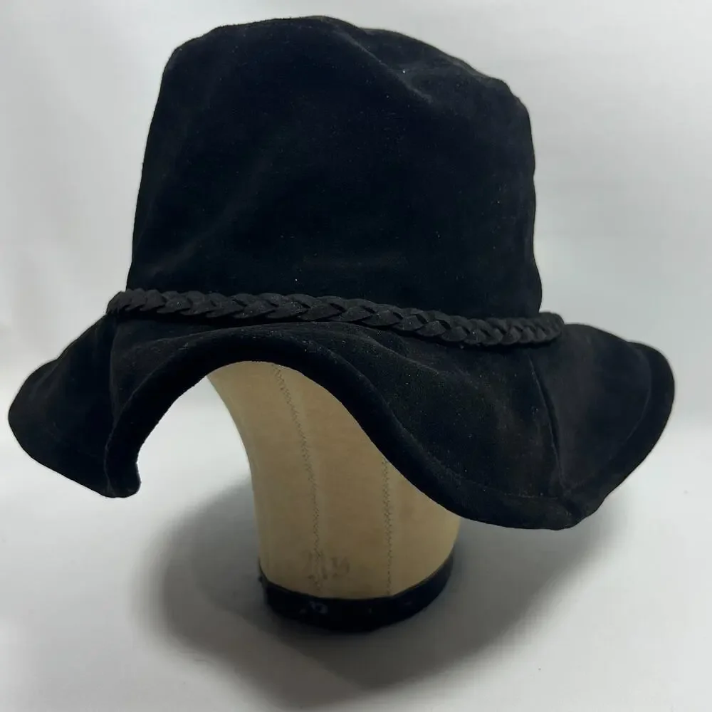 FREE PEOPLE Hat OS Tennessee Suede Leather Floppy Bucket Cap Braided Band Black